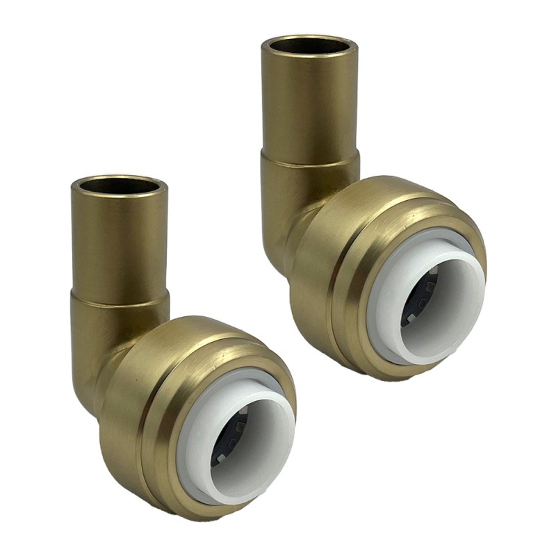 15mm Push-fit to 15mm Compression Pipe Elbow 90 Degree Angled Fittings (Pair) - Brushed Brass