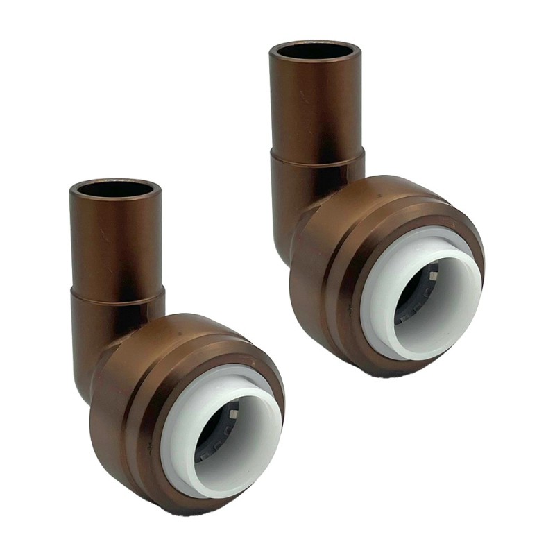 15mm Push-fit to 15mm Compression Pipe Elbow 90 Degree Angled Fittings (Pair) - Brushed Bronze