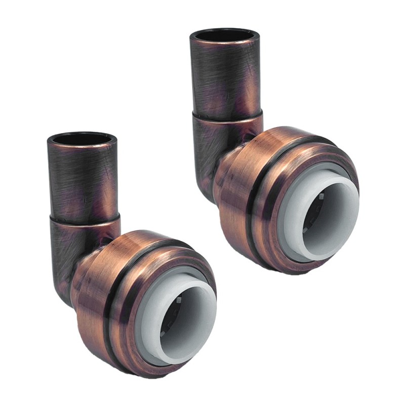 15mm Push-fit to 15mm Compression Pipe Elbow 90 Degree Angled Fittings (Pair) - Antique Copper