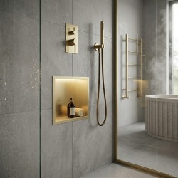 300 x 300mm Brushed Brass Stainless LED Steel Shower Niche | Sleek Recessed Bathroom Storage