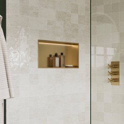 600 x 300mm Brushed Brass Stainless Steel LED Shower Niche | Sleek Recessed Bathroom Storage