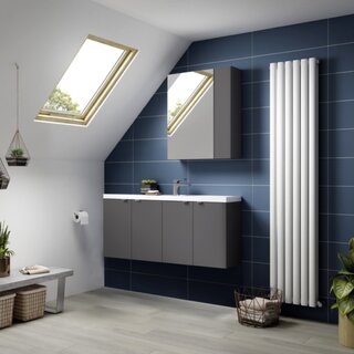 Designer Vertical Radiator, Gloss Grey Slimline Vanity Unit and Basin with matching Mirrored Cabinet 👌Shop our full range of bathroom and heating products at www.valvekings.com#bathroom #interior #decor #designer #interiorhome #newhome #decorinspo ...