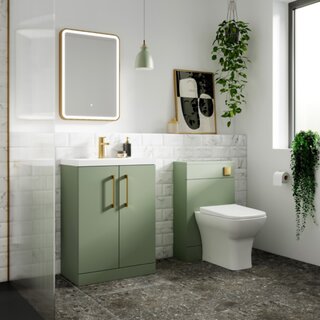 Arno Satin Green Vanity Unit & WC Unit complete with Brushed Brass Handles, Tap and Framed LED Mirror.Create your dream bathroom with Valve Kings.www.valvekings.com#bathroom #bathroomsale #bathroomfurniture #showers #luxuryhomes #homerenovation ...